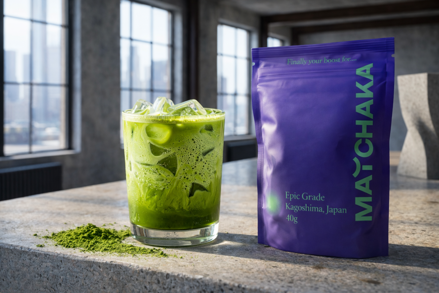 Iced Matchaka beside a first-harvest matcha pouch